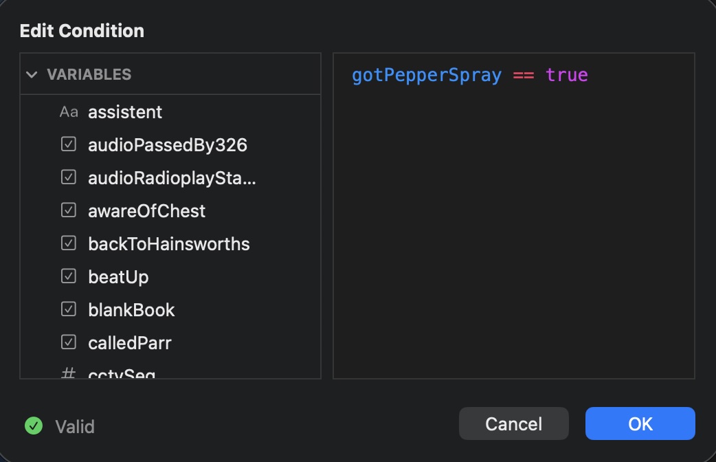 Properties panel with scripted decision conditions