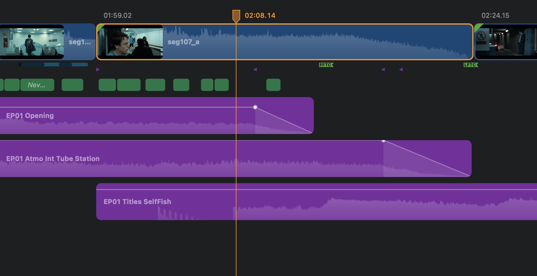 Timeline with audio tracks, waveforms, subtitles and actions